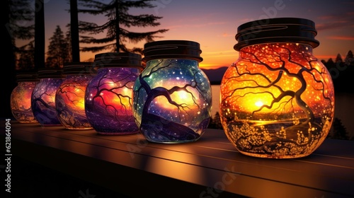 filigree-etched mason jars with galaxies and stars and planets inside of them sitting on a table next to a window with a purple sunset streaming in