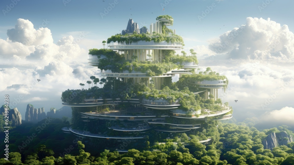 Obraz premium elegant skyscraper, city views, elegant and light, floating above cloud, green terraces, dynamic and organic