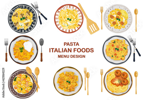 Italian pasta noodles set menu. Italian noodles food recipe collection. pasta spaghetti noodles illustration vector. (meatballs, sausage ragu, burrata, creamy harissa sauce, mushroom, lemon, chicken)