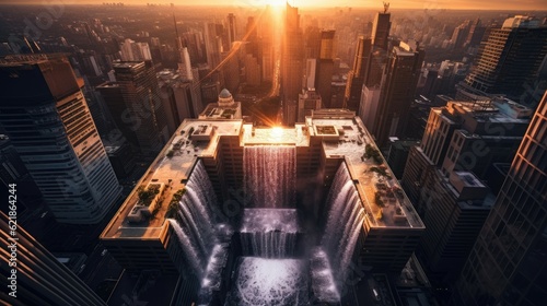 a waterfall cascades down a skyscraper, looking down from high up