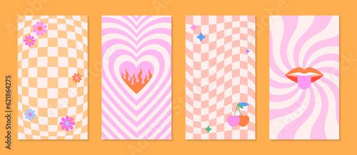 Vector insta story templates with patches and stickers in 90s style.Smm banners in y2k aesthetic chess and spiral backgrounds.Trendy funky designs for social media marketing,branding,packaging