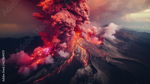 an aerial view of a erupting volcano, mesmerizing colorscapes