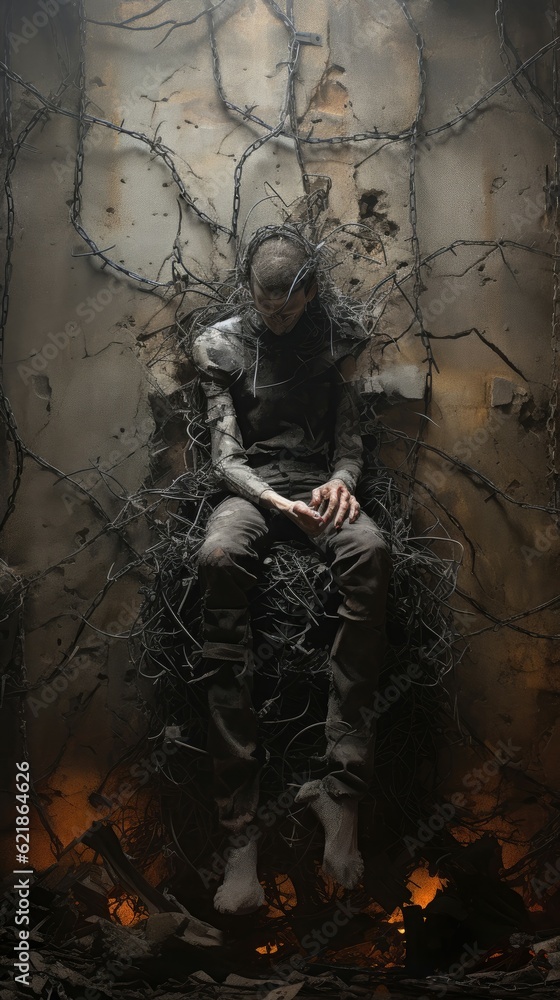 full body photo of prisoner shackled to a crumbling wall, barbed wire full body photo of prisoner shackled to a crumbling wall, barbed wire