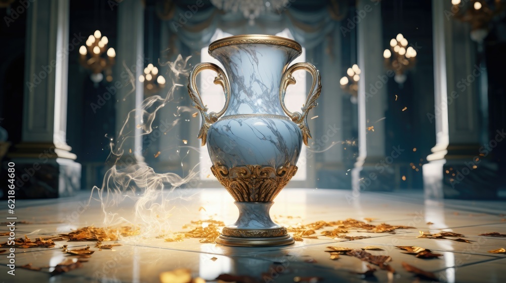 An ornate baroque vase breaking on the marble tile floor, exploding into dust, dark-blue light-blue gold silver white black beige, volumetric dust rays - obrazy, fototapety, plakaty 