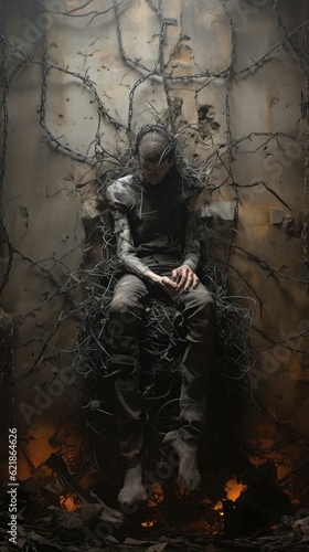 full body photo of prisoner shackled to a crumbling wall, barbed wire