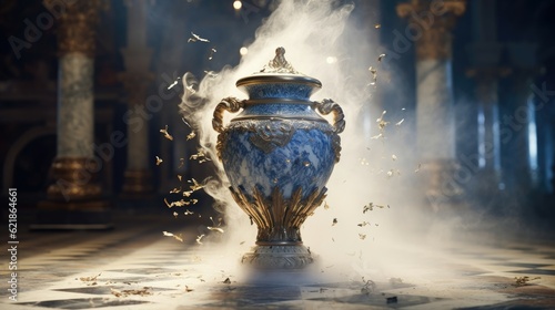 An ornate baroque vase breaking on the marble tile floor, exploding into dust, dark-blue light-blue gold silver white black beige, volumetric dust rays