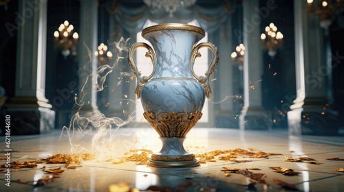 An ornate baroque vase breaking on the marble tile floor, exploding into dust, dark-blue light-blue gold silver white black beige, volumetric dust rays