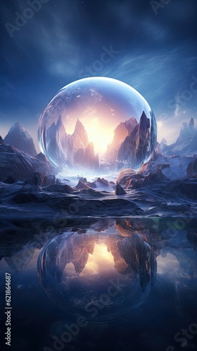 transparent starlight, round crystal, purple light reflection, artwork