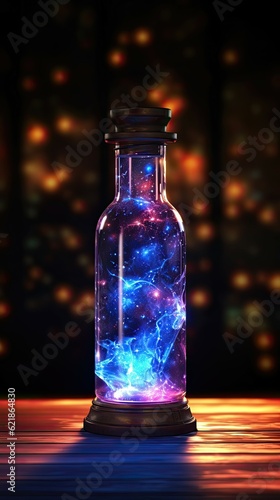 universe in one bottle on table at night