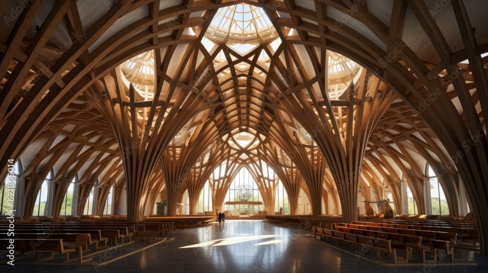 vast interior of a wooden cathedral, wood texture, clear wood, organic