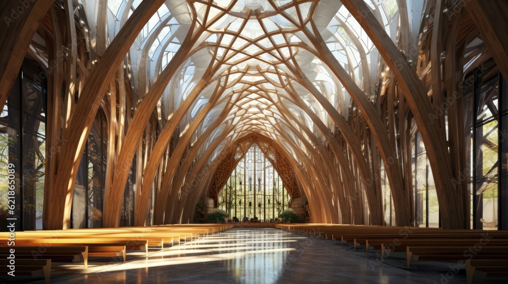 vast interior of a wooden cathedral, wood texture, clear wood, organic