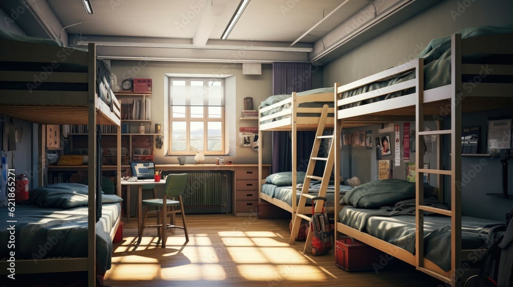 four-person student dorm room, bunk bed, neat and clean, minimalist styling, realistic and hyper-detailed rendering style four-person student dorm room, bunk bed, neat and clean, minimalist styling, realistic and hyper-detailed rendering style