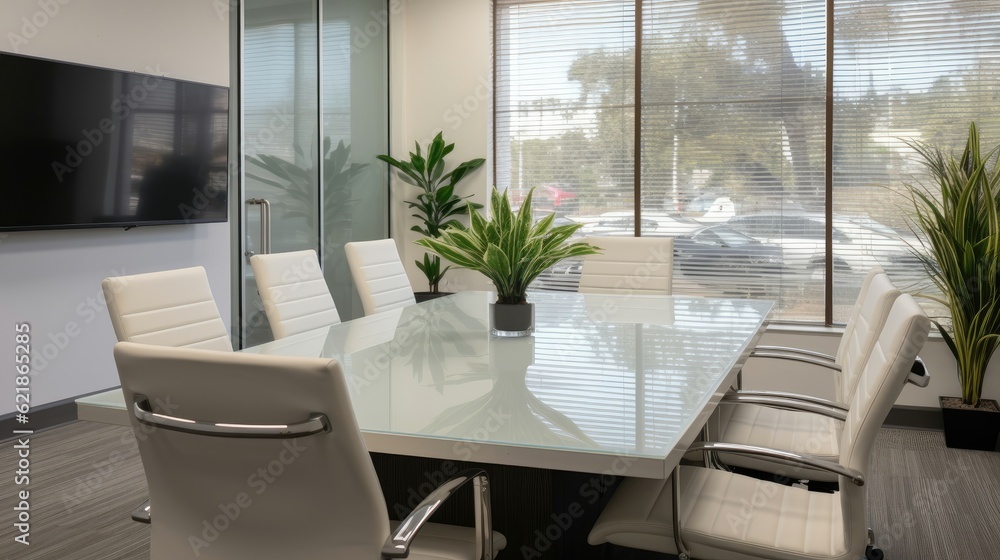 A conference room of a family law firm with a modern white elegant look with minimalist vibes and greyed out translucent windows