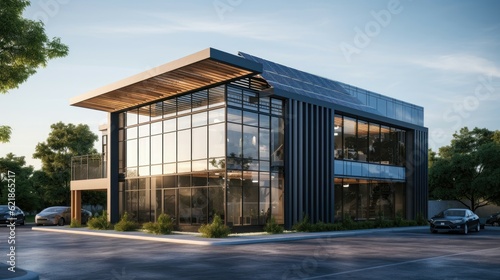 two story modern small industrial minimalist design style office building, incorporate glass elements © medienvirus