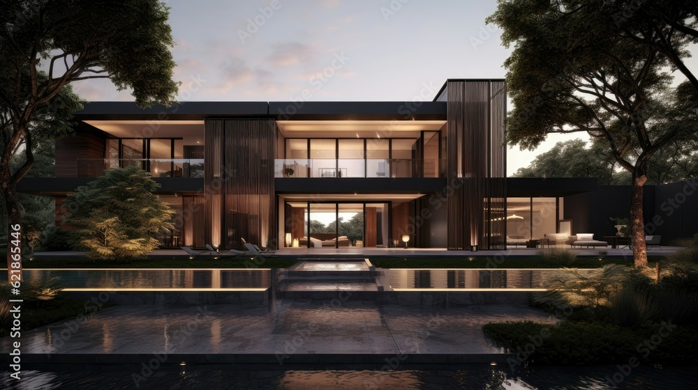 Spacious villa exterior dark modernism, sheer and opaque, nature inspired, mood lighting, linear elegance, metallic finishes