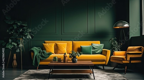 a living room with green sofas and a lamp, modern living room, furniture design, post-modern eclectic mix