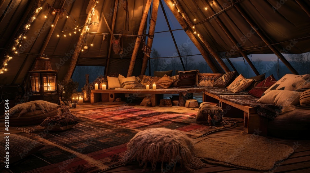 Amazing view of a old traditional teepee, many cushions on the ground, rugs, ambient lighting, romantic feeling, set on beautiful ground