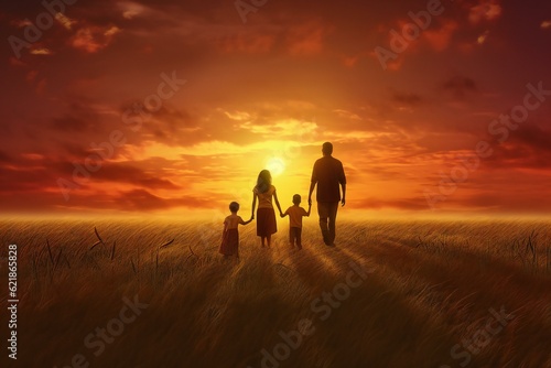 Happy family mother father children son and daughter in field during sunset. Generative AI