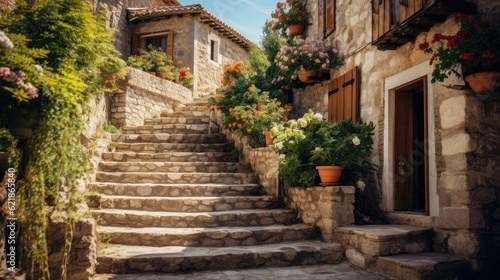 hobbit house stairs lined with potted flowers in front of buildings, idyllic rural scenes, documentary travel photography © medienvirus
