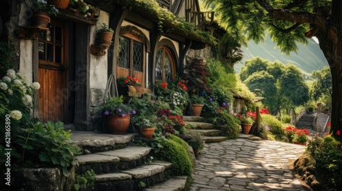 hobbit house stairs lined with potted flowers in front of buildings  idyllic rural scenes  documentary travel photography
