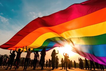 People with rainbow flag on pride parade