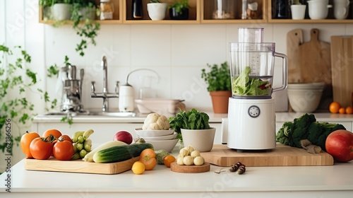 minimalist kitchen workspace with a food processor and vegetables, symbolizing efficiency in food preparation