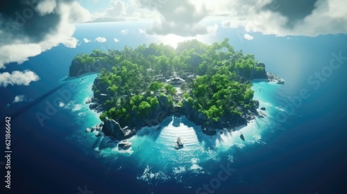 view of a island in hawaii, Floating island paradise, the most beautiful place, birds eye view, Cinematic, God rays © medienvirus