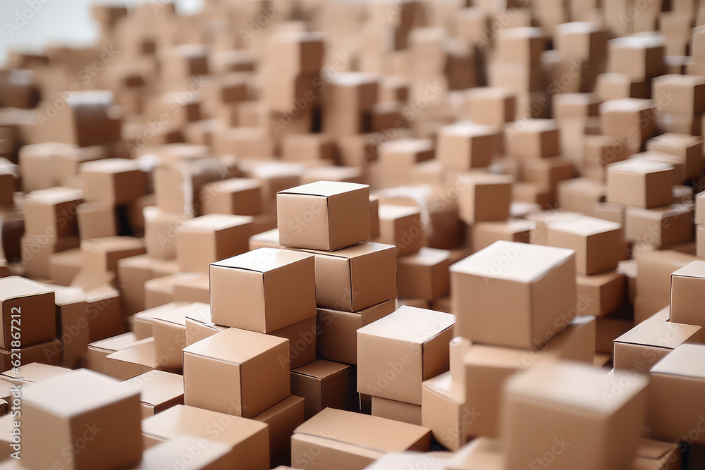 Huge pile of many cardboard plain boxes on white background. Lots of of kraft boxes. Creative wallpaper concept of moving, transportation, housewarming and delivery company. Generative AI photo. Huge pile of many cardboard plain boxes on white background. Lots of of kraft boxes. Creative wallpaper concept of moving, transportation, housewarming and delivery company. Generative AI photo.
