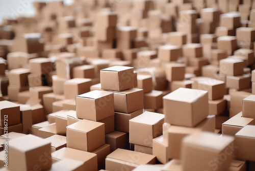 Huge pile of many cardboard plain boxes on white background. Lots of of kraft boxes. Creative wallpaper concept of moving, transportation, housewarming and delivery company. Generative AI photo.