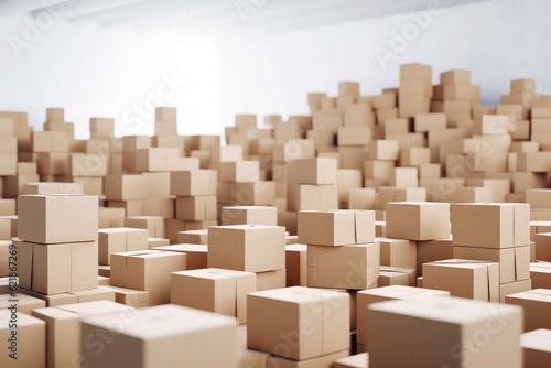 Huge pile of  many cardboard plain boxes on white background. Lots of of kraft boxes. Creative wallpaper concept of moving, transportation, housewarming and delivery company. Generative AI photo. © dinastya