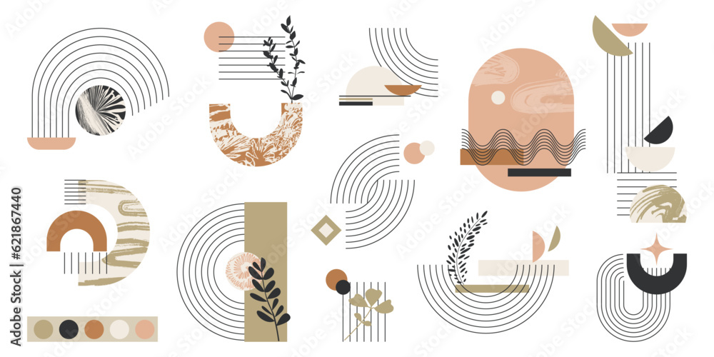 Modern mid century elements vector illustrations set. Aesthetic contemporary line art with geometric organic shapes in earth colors. Abstract design for print, poster, wallpaper
