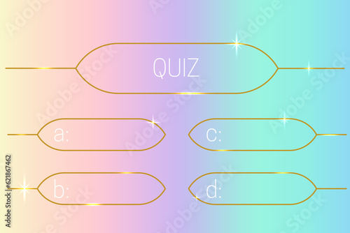 Quiz game template with question and answers in y2k style. Trivia contest TV show layout with modern gradient and gold number frames. Vector illustration