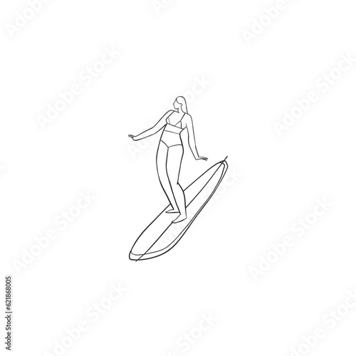 Hand drawn vector abstract simple minimalistic line art graphic drawing tropical surfing female sign collection isolated. Summer palm beach modern design concept. Summer palm beach and surf logo.