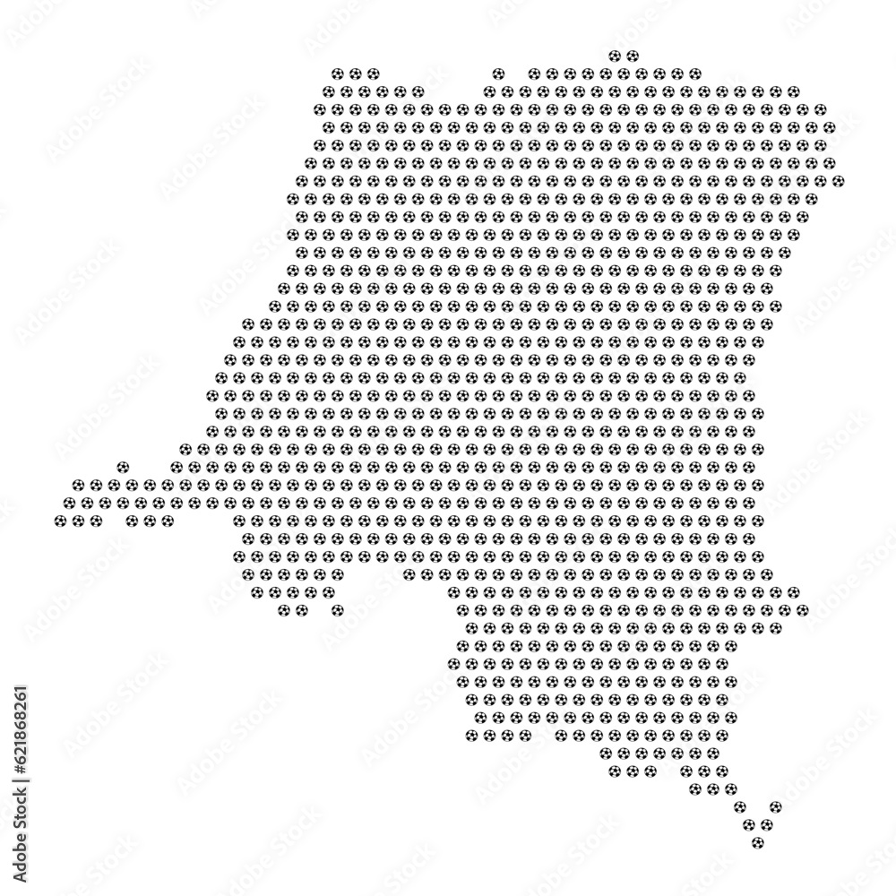 Map of the country of Democratic Republic of the Congo with football soccer icons on a white background
