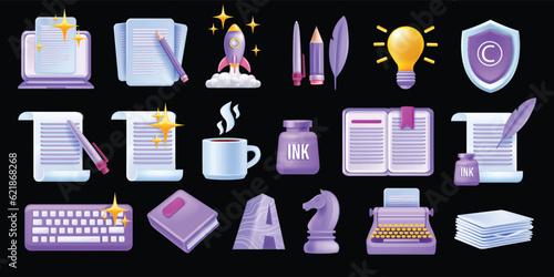 3D write author vector icon set, laptop article, creative story content sign, book paper document. Literature poetry concept, digital education translate grammar clipart, typewriter. Write icon kit