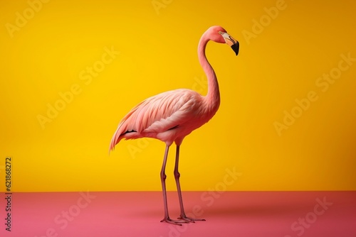 A pink flamingo standing in front of a yellow background. AI