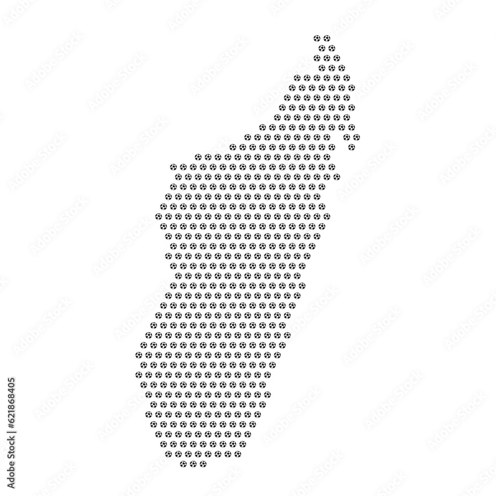 Map of the country of Madagascar with football soccer icons on a white background