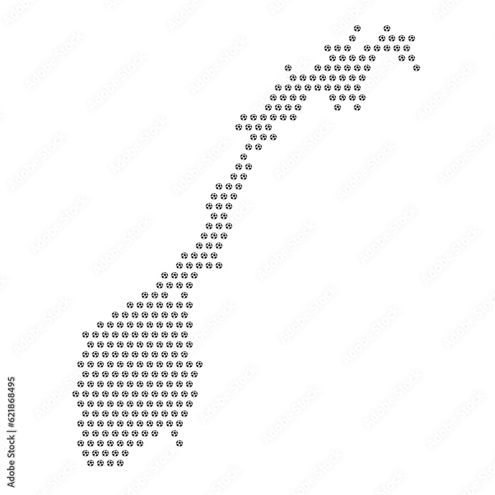 Map of the country of Norway with football soccer icons on a white background