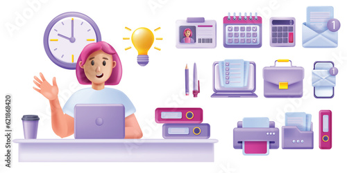 3D woman working laptop, home office vector icon set, happy young smiling female character, table. Cartoon freelancer student online education, printer, document file folder. Cute woman using laptop