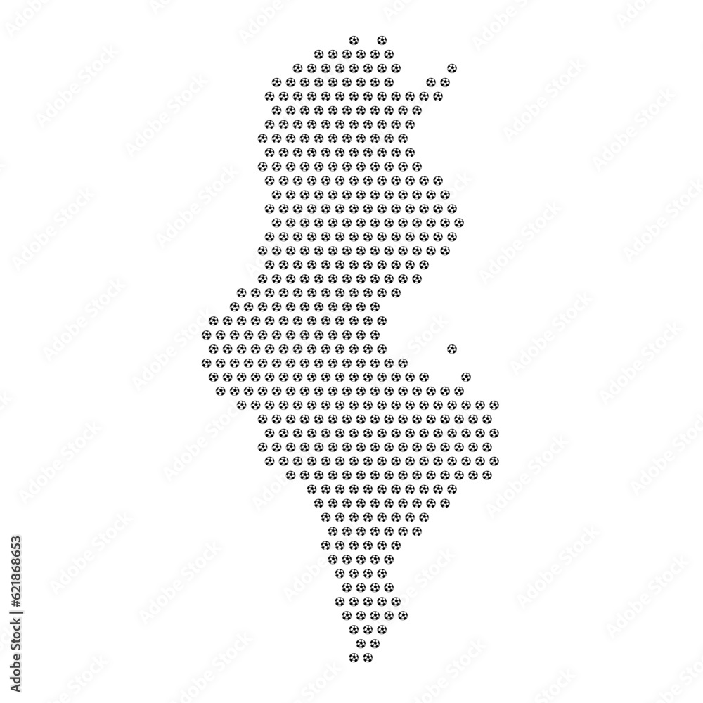 Map of the country of Tunisia with football soccer icons on a white background