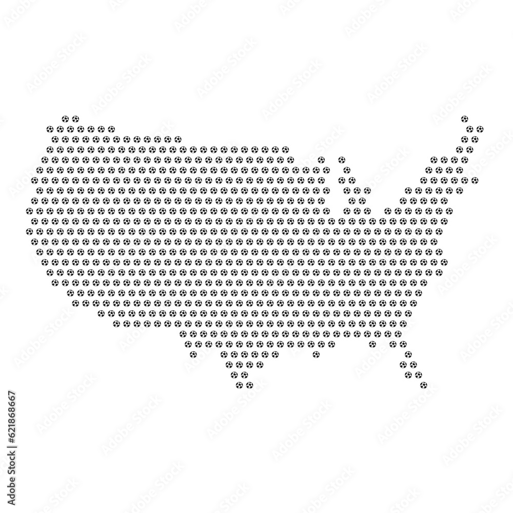 Map of the country of United States of America with football soccer icons on a white background