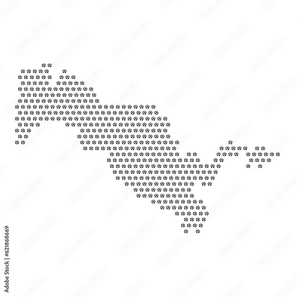 Map of the country of Uzbekistan with football soccer icons on a white background