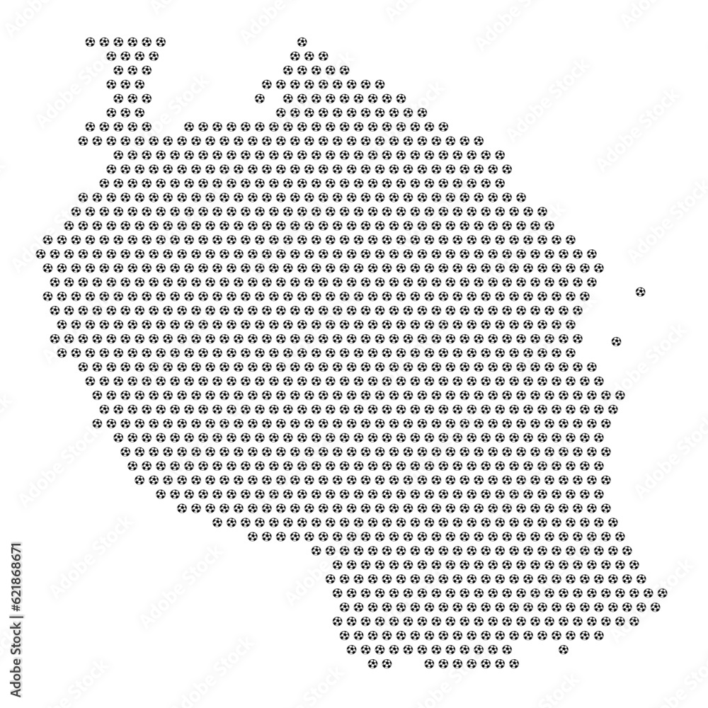 Map of the country of United Republic of Tanzania with football soccer icons on a white background