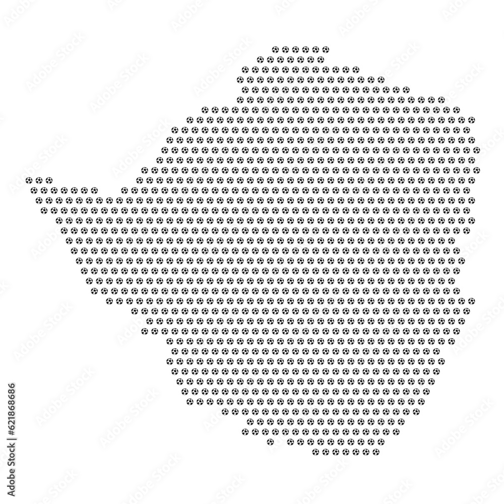 Map of the country of Zimbabwe with football soccer icons on a white background