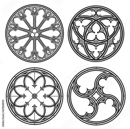 Set of silhouettes of cathedral round gothic windows
