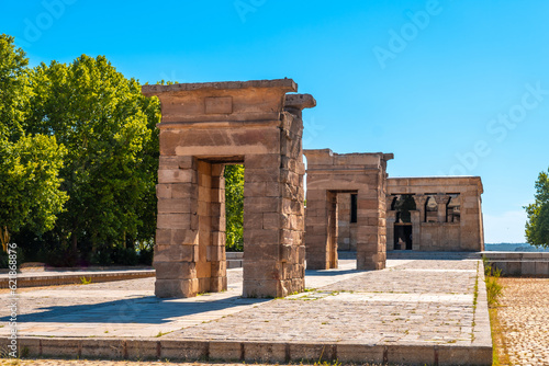Temple of Debod in Madrid city of Egypt, ancient Egyptian temple in summer without people