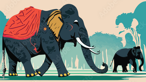 Elephant wall painting in vector art, Indian style, cultural wall matt, wall art