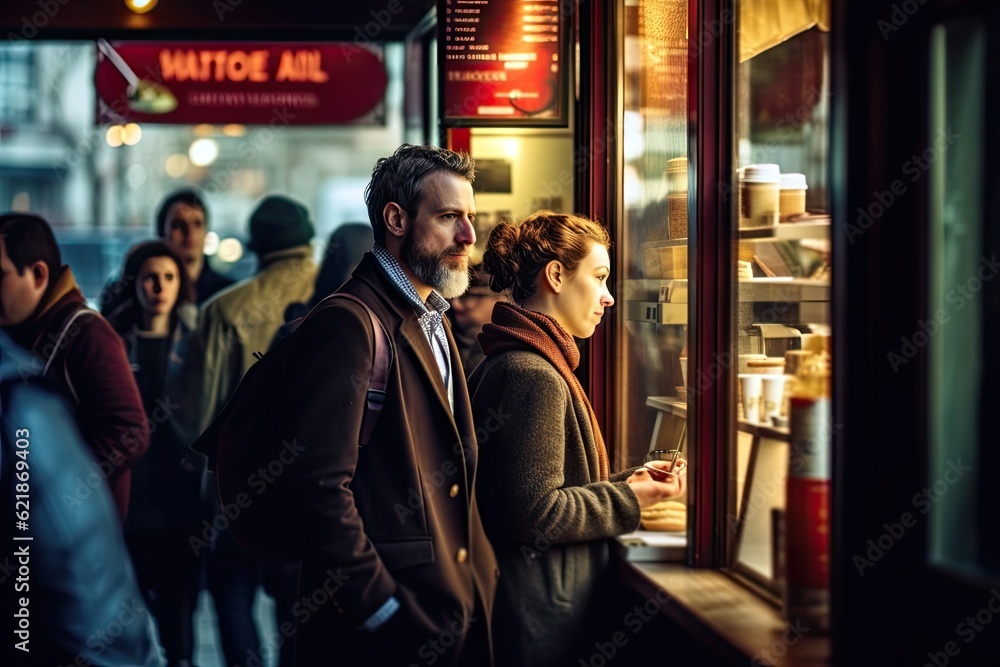 Patrons standing in line to get their favorite coffee. Patrons standing in line to get their favorite coffee.