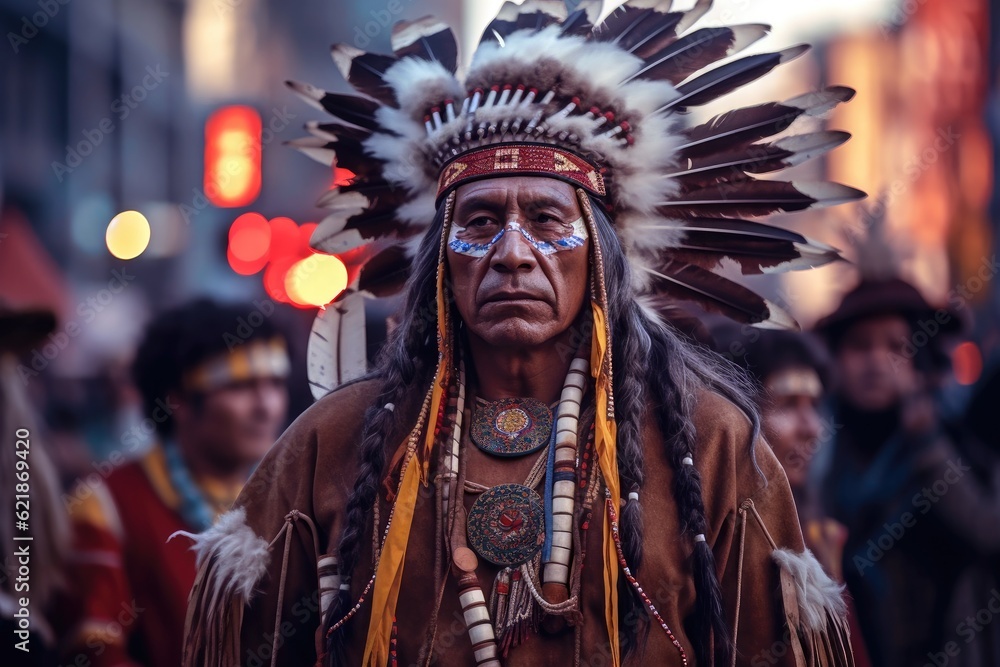 Native American man wearing traditional regalia costume.
