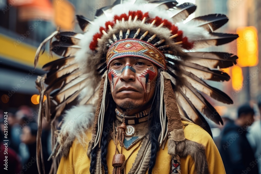 Native American man wearing traditional regalia costume.